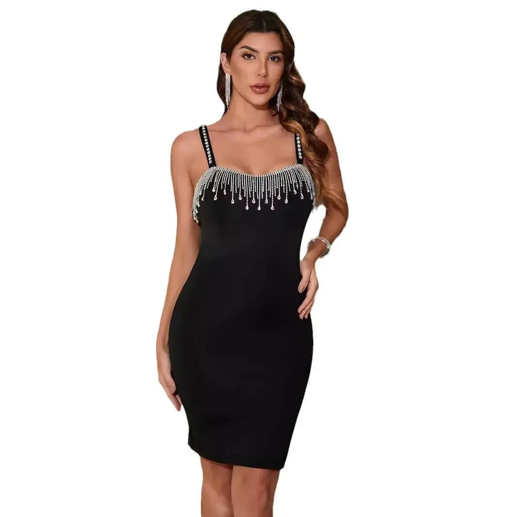 Sexy Women’s Party Dress – Fringe Slit Sleeveless Mini Pencil Skirt for Night & Birthday Black Clothes