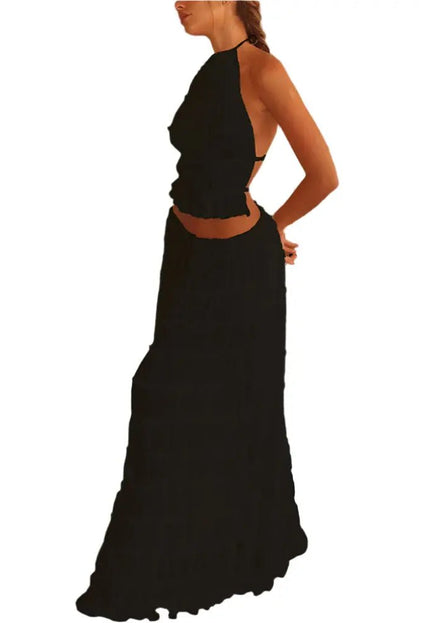 2-Piece Women's Dress Suit – Sexy Sleeveless Backless Cropped Halter Top & Pleated Long Skirt Alfra Retail 1