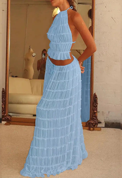 2-Piece Women's Dress Suit – Sexy Sleeveless Backless Cropped Halter Top & Pleated Long Skirt Alfra Retail 1