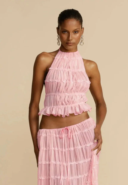 2-Piece Women's Dress Suit – Sexy Sleeveless Backless Cropped Halter Top & Pleated Long Skirt Alfra Retail 1