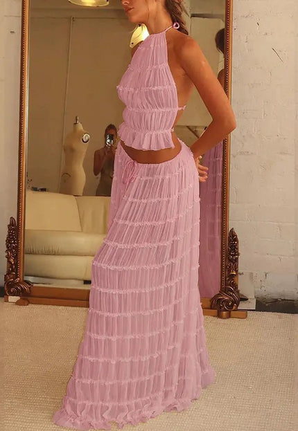 2-Piece Women's Dress Suit – Sexy Sleeveless Backless Cropped Halter Top & Pleated Long Skirt Alfra Retail 1