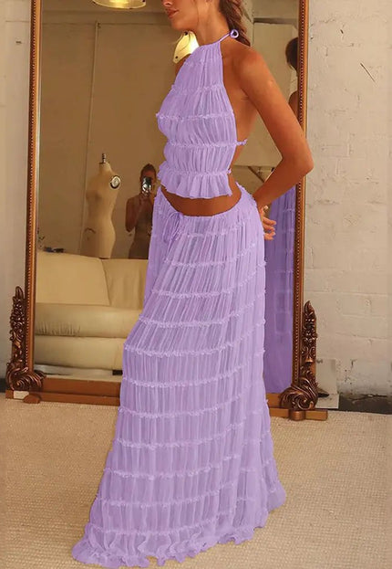 2-Piece Women's Dress Suit – Sexy Sleeveless Backless Cropped Halter Top & Pleated Long Skirt Alfra Retail 1