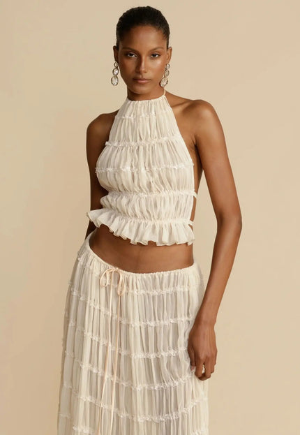 2-Piece Women's Dress Suit – Sexy Sleeveless Backless Cropped Halter Top & Pleated Long Skirt Alfra Retail 1