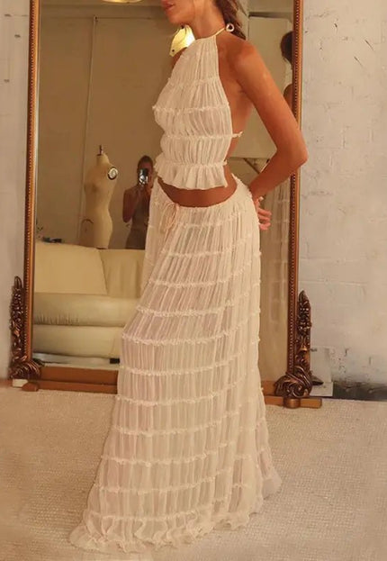 2-Piece Women's Dress Suit – Sexy Sleeveless Backless Cropped Halter Top & Pleated Long Skirt Alfra Retail 1