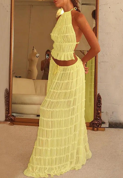 2-Piece Women's Dress Suit – Sexy Sleeveless Backless Cropped Halter Top & Pleated Long Skirt Alfra Retail 1