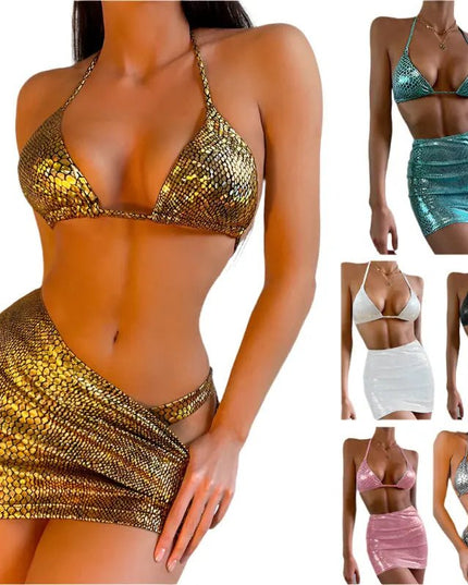 3-Piece Halter Snake Pattern Bikini Set with Cover-Up Skirt – Summer Swimsuit for Women Alfra Retail 1
