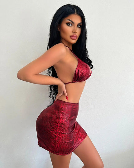 3-Piece Halter Snake Pattern Bikini Set with Cover-Up Skirt – Summer Swimsuit for Women Alfra Retail 1