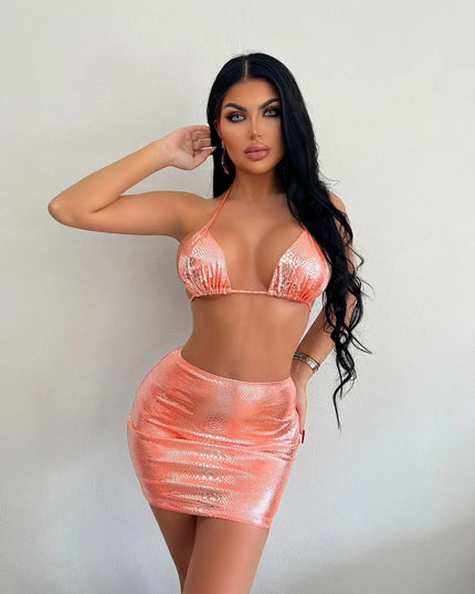 3-Piece Halter Snake Pattern Bikini Set with Cover-Up Skirt – Summer Swimsuit for Women Alfra Retail 1