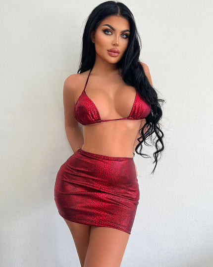 3-Piece Halter Snake Pattern Bikini Set with Cover-Up Skirt – Summer Swimsuit for Women Alfra Retail 1