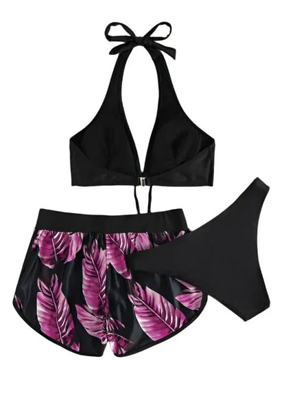3pcs Leaf Print Bikini with Shorts – Fashionable Summer Beach Swimsuit Alfra Retail 1