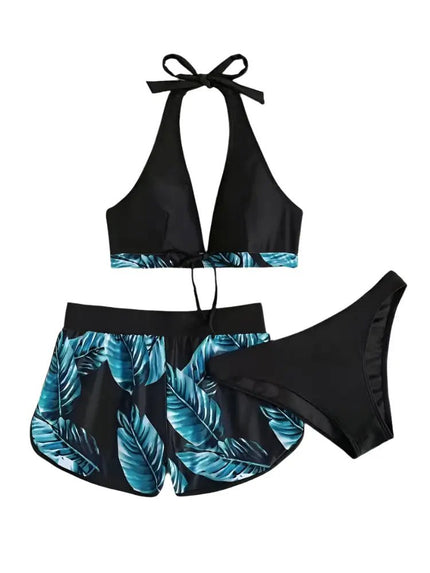 3pcs Leaf Print Bikini with Shorts – Fashionable Summer Beach Swimsuit Alfra Retail 1