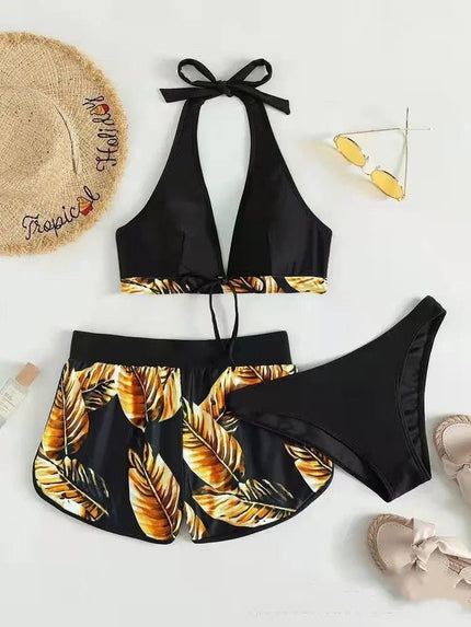 3pcs Leaf Print Bikini with Shorts – Fashionable Summer Beach Swimsuit Alfra Retail 1