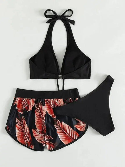 3pcs Leaf Print Bikini with Shorts – Fashionable Summer Beach Swimsuit Alfra Retail 1