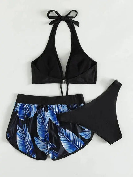 3pcs Leaf Print Bikini with Shorts – Fashionable Summer Beach Swimsuit Alfra Retail 1