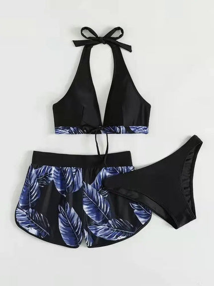 3pcs Leaf Print Bikini with Shorts – Fashionable Summer Beach Swimsuit Alfra Retail 1