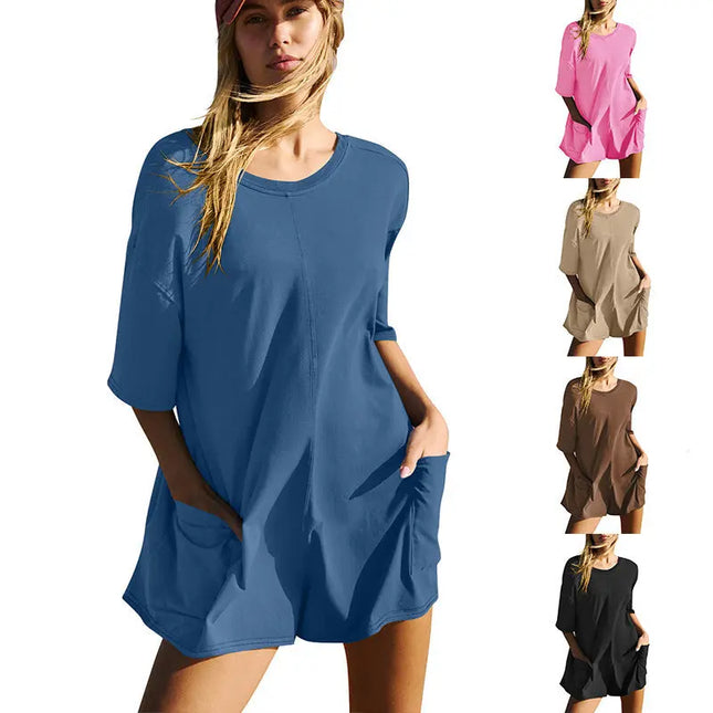 Casual Loose Short-sleeved Jumpsuit With Pockets New Crew Neck Shorts Overall Pants Summer Womens Clothing Alfra Retail 1