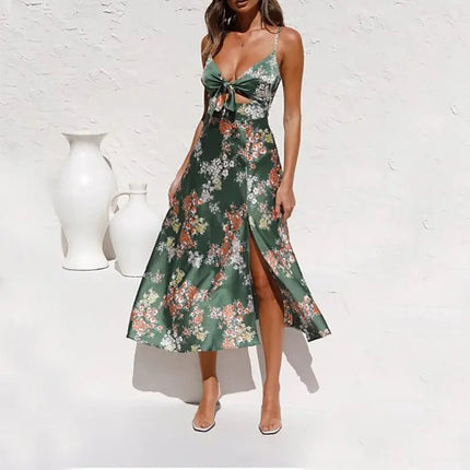 Flower Print Split Suspender Dress with Hollow Bowknot – Summer Sleeveless Beach Dress for Women Alfra Retail 1