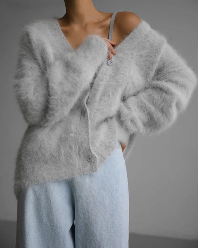 Loose V-neck Button Cardigan Fall Winter Fashion Single Breasted Knitted Sweater Top Women's Clothing Alfra Retail 1