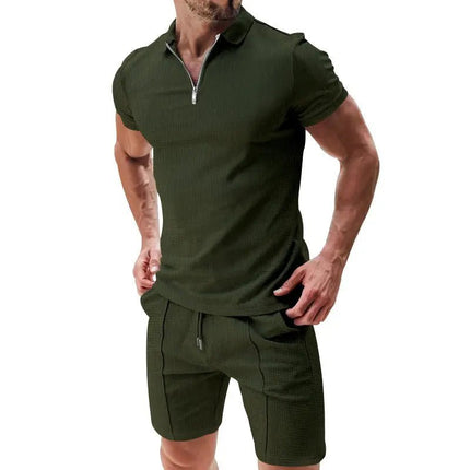 Men's 2-Piece Casual Waffle Suit - Zipper Lapel Short-Sleeve Top & Drawstring Shorts Set Alfra Retail 1