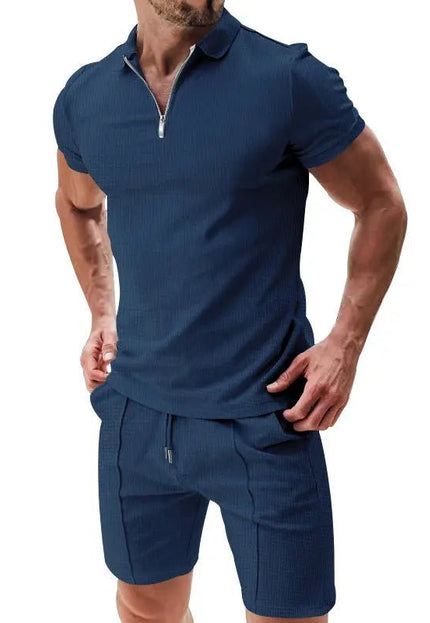 Men's 2-Piece Casual Waffle Suit - Zipper Lapel Short-Sleeve Top & Drawstring Shorts Set Alfra Retail 1
