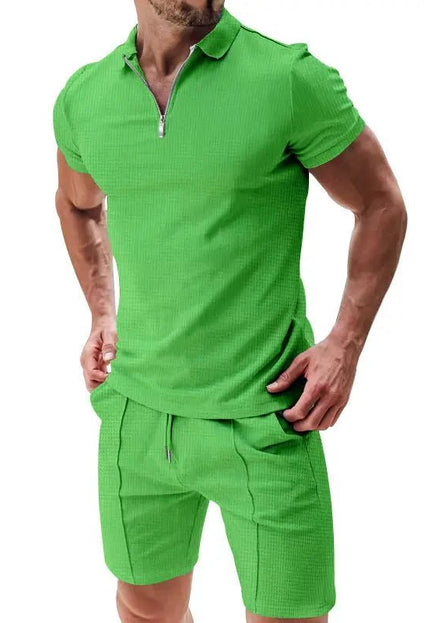 Men's 2-Piece Casual Waffle Suit - Zipper Lapel Short-Sleeve Top & Drawstring Shorts Set Alfra Retail 1