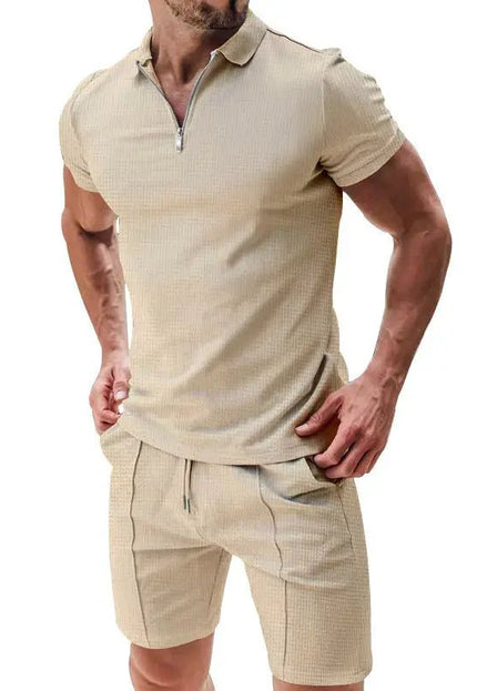 Men's 2-Piece Casual Waffle Suit - Zipper Lapel Short-Sleeve Top & Drawstring Shorts Set Alfra Retail 1