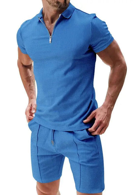 Men's 2-Piece Casual Waffle Suit - Zipper Lapel Short-Sleeve Top & Drawstring Shorts Set Alfra Retail 1