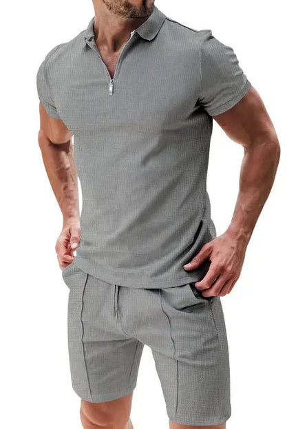 Men's 2-Piece Casual Waffle Suit - Zipper Lapel Short-Sleeve Top & Drawstring Shorts Set Alfra Retail 1