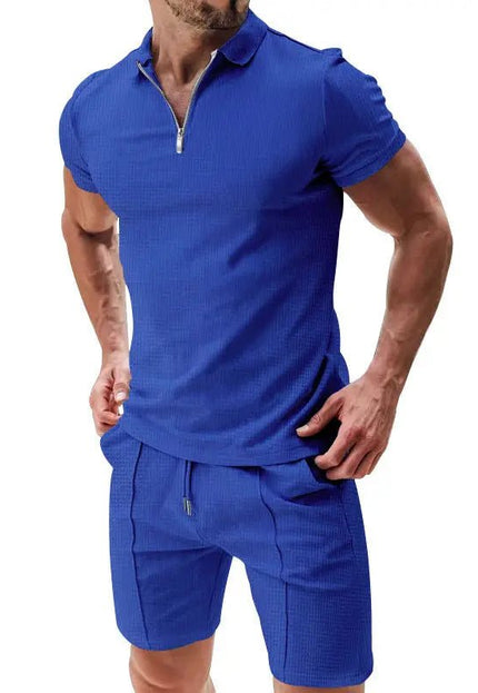 Men's 2-Piece Casual Waffle Suit - Zipper Lapel Short-Sleeve Top & Drawstring Shorts Set Alfra Retail 1