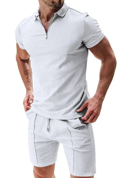 Men's 2-Piece Casual Waffle Suit - Zipper Lapel Short-Sleeve Top & Drawstring Shorts Set Alfra Retail 1