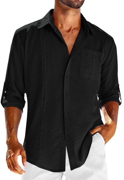 Men's Casual Long Sleeve Shirt - Pocket Lace Polo Collar & Solid Color Button Shirt Cotton Fabric Alfra Retail 1