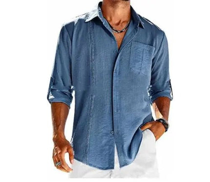 Men's Casual Long Sleeve Shirt - Pocket Lace Polo Collar & Solid Color Button Shirt Cotton Fabric Alfra Retail 1