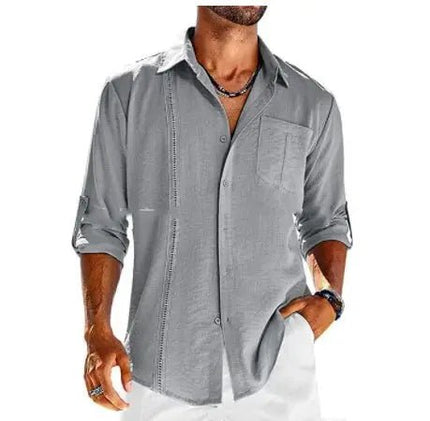 Men's Casual Long Sleeve Shirt - Pocket Lace Polo Collar & Solid Color Button Shirt Cotton Fabric Alfra Retail 1