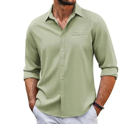 Men's Casual Long Sleeve Shirt - Pocket Lace Polo Collar & Solid Color Button Shirt Cotton Fabric Alfra Retail 1