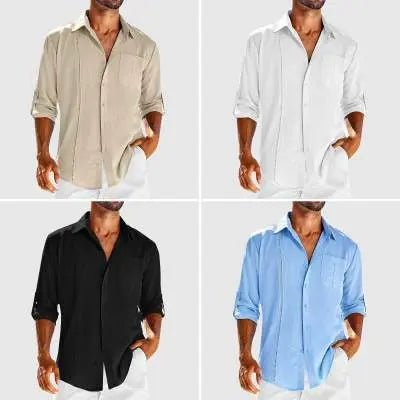 Men's Casual Long Sleeve Shirt - Pocket Lace Polo Collar & Solid Color Button Shirt Cotton Fabric Alfra Retail 1