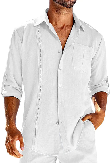 Men's Casual Long Sleeve Shirt - Pocket Lace Polo Collar & Solid Color Button Shirt Cotton Fabric Alfra Retail 1