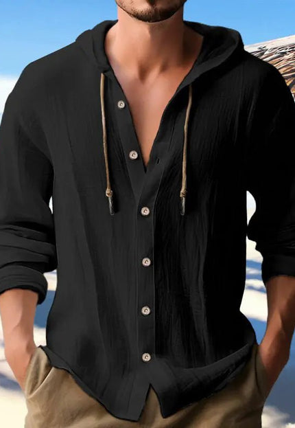 Men's Cotton and Linen Hooded Button Shirt Sweater - Long Sleeve Casual Top Fabric Fashion Alfra Retail 1