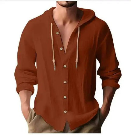 Men's Cotton and Linen Hooded Button Shirt Sweater - Long Sleeve Casual Top Fabric Fashion Alfra Retail 1