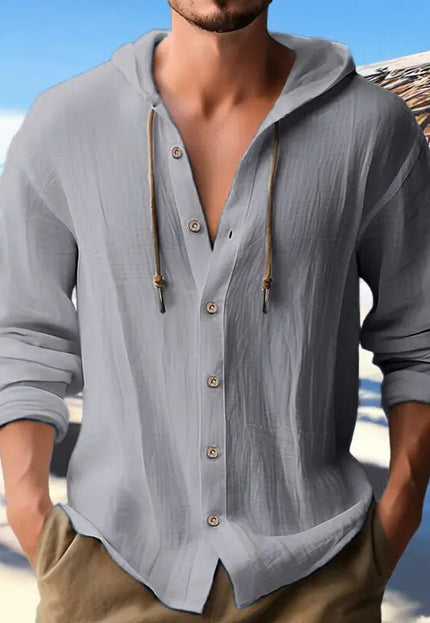 Men's Cotton and Linen Hooded Button Shirt Sweater - Long Sleeve Casual Top Fabric Fashion Alfra Retail 1