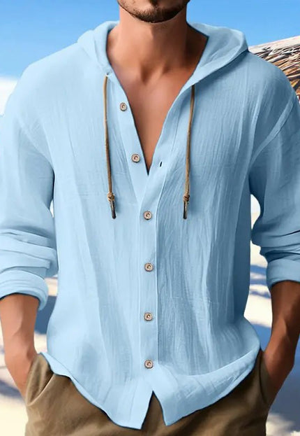 Men's Cotton and Linen Hooded Button Shirt Sweater - Long Sleeve Casual Top Fabric Fashion Alfra Retail 1