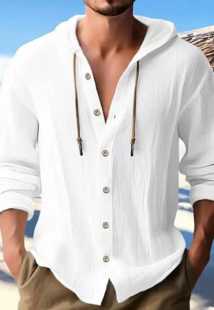Men's Cotton and Linen Hooded Button Shirt Sweater - Long Sleeve Casual Top Fabric Fashion Alfra Retail 1