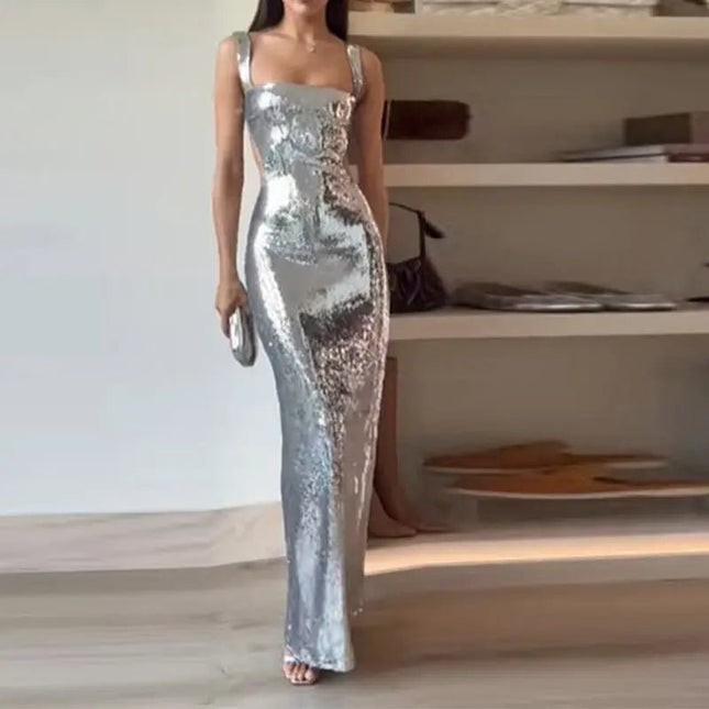 Sequin Sling Square Collar Backless Dress – Glamorous & Elegant Evening Wear Fabric Formal Alfra Retail 1