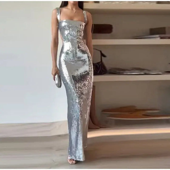 Sequin Sling Square Collar Backless Dress – Glamorous & Elegant Evening Wear Fabric Formal Alfra Retail 1