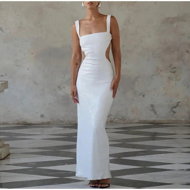 Sequin Sling Square Collar Backless Dress – Glamorous & Elegant Evening Wear Fabric Formal Alfra Retail 1