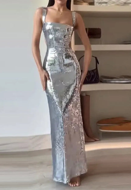 Sequin Sling Square Collar Backless Dress – Glamorous & Elegant Evening Wear Fabric Formal Alfra Retail 1