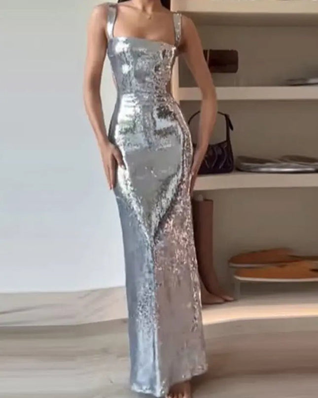Sequin Sling Square Collar Backless Dress – Glamorous & Elegant Evening Wear Fabric Formal Alfra Retail 1
