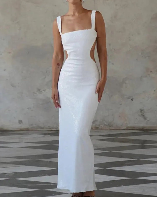Sequin Sling Square Collar Backless Dress – Glamorous & Elegant Evening Wear Fabric Formal Alfra Retail 1