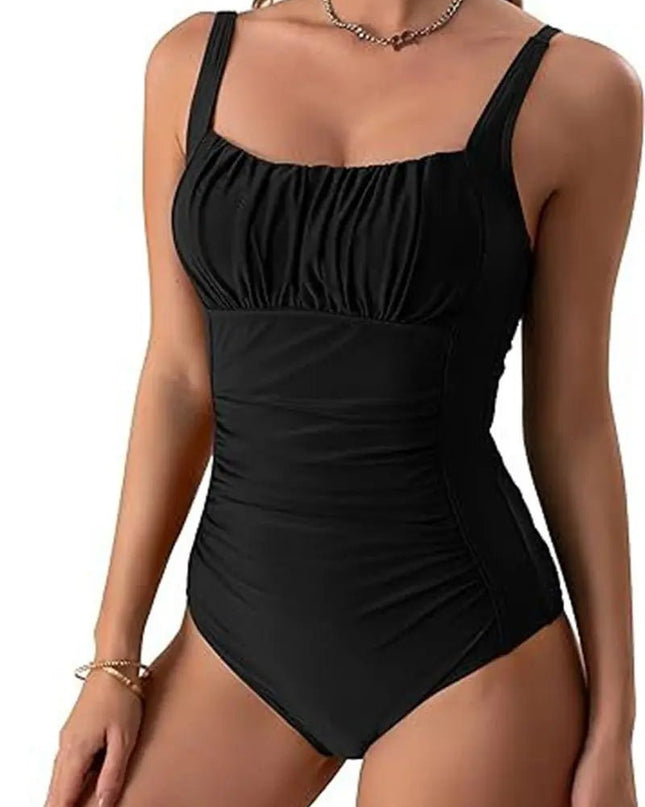 Sexy Square Neck One-Piece Bikini – Solid Color Pleated Design for Summer Beach Vacation Alfra Retail 1