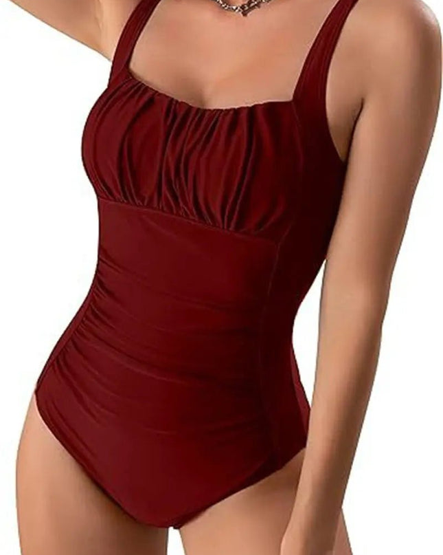 Sexy Square Neck One-Piece Bikini – Solid Color Pleated Design for Summer Beach Vacation Alfra Retail 1