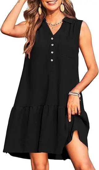 Spring & Summer V-Neck Button Sleeveless Dress – Casual & Chic Basic Fabric Alfra Retail 1